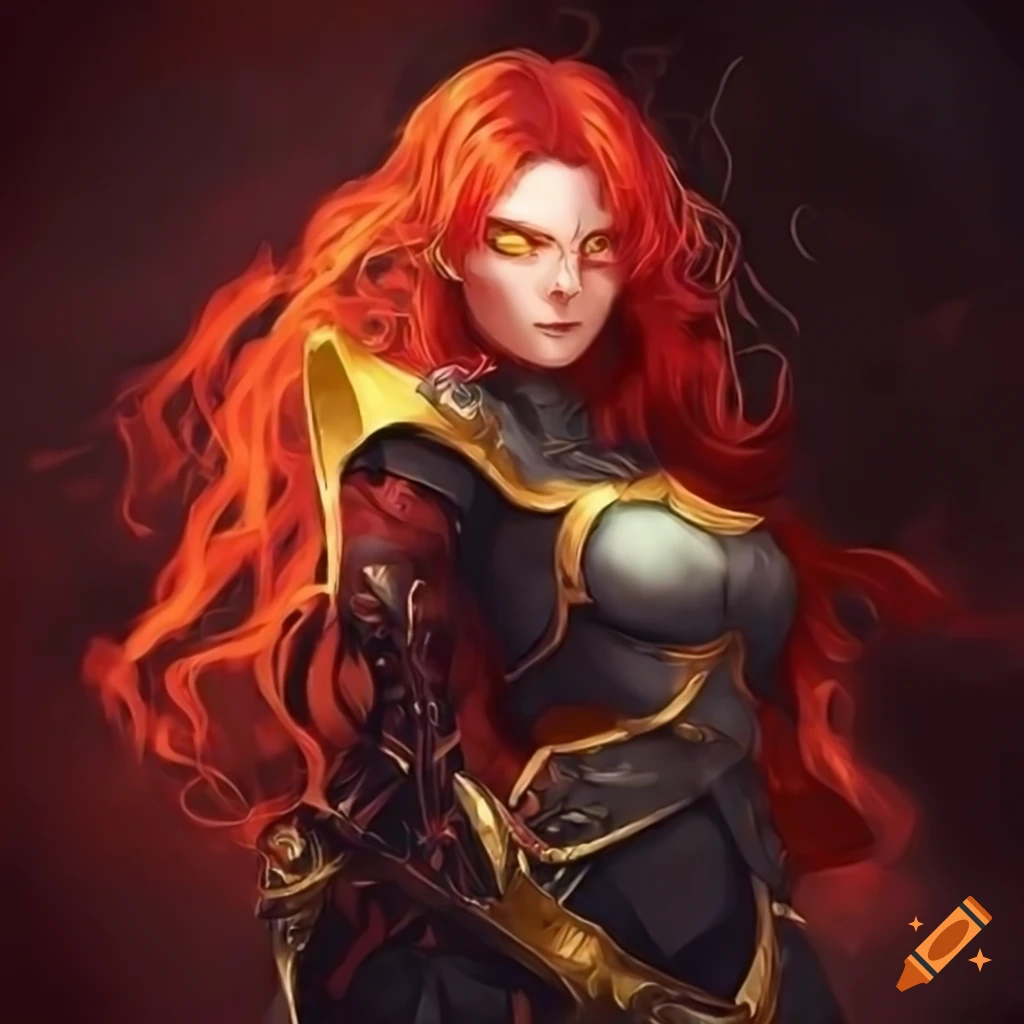 Female magus with wavy red hair holding a flaming sword on Craiyon