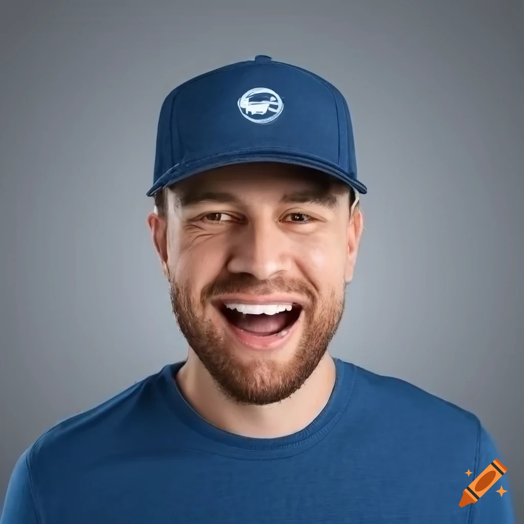 Excited male tourist in indigo company printed t-shirt and baseball cap