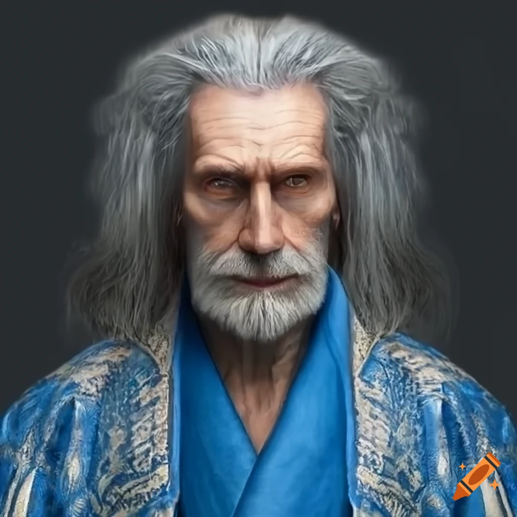 Stern authoritarian man with long gray hair and blue robe on Craiyon