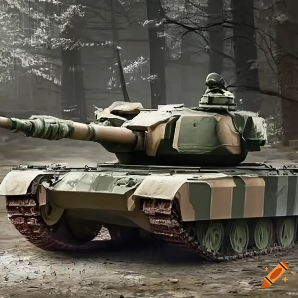 Young German tank in a beautiful ancient camouflage on a ruined battlefield