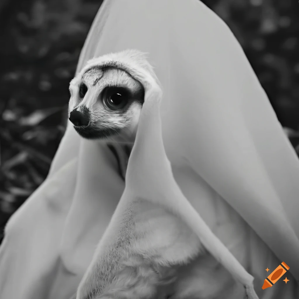 Meerkat in a ghost halloween costume with eyeholes in the safari on Craiyon