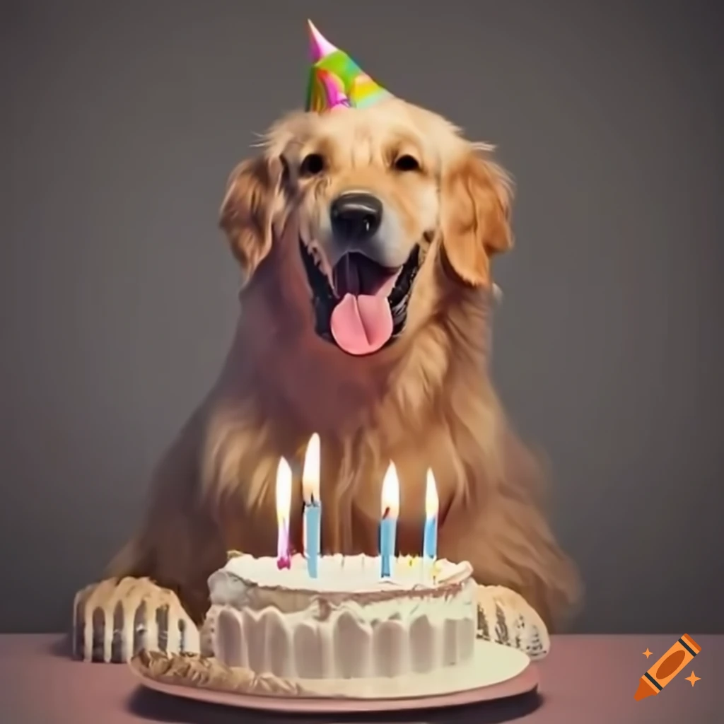 Golden retriever celebrating her birthday with a cake and candles on ...