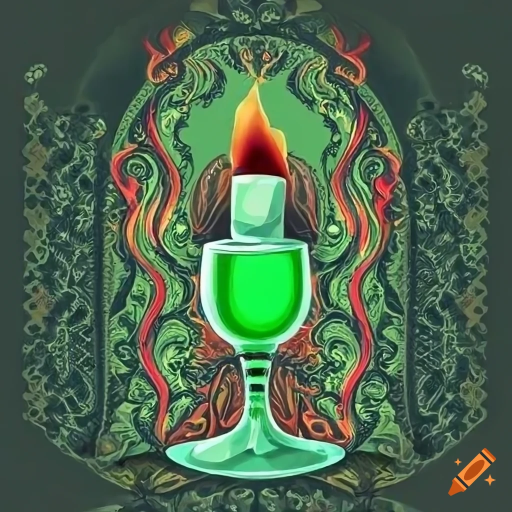 Green absinthe with flaming sugar cube in ornate art deco style