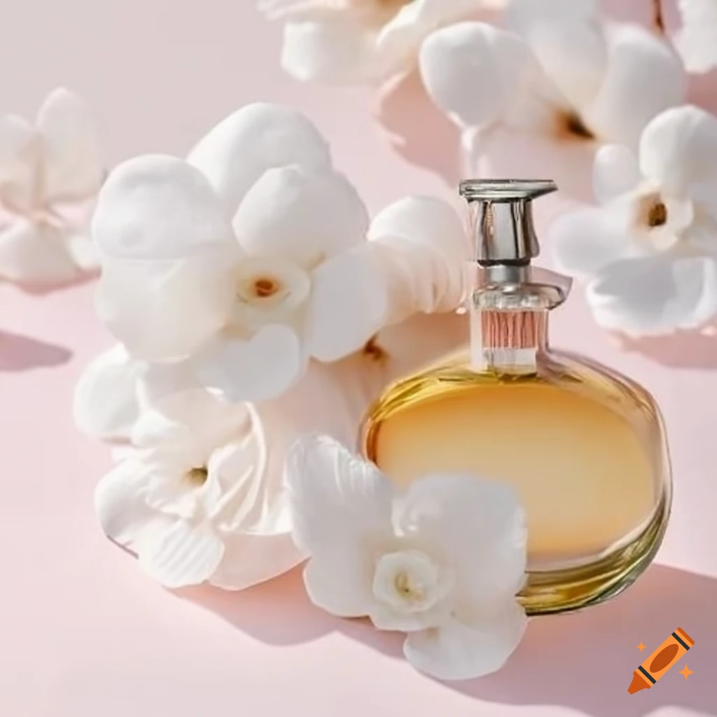 White floral design on airy fabric with a bottle of perfume