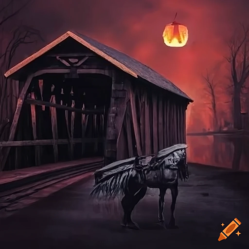 Headless horseman over a covered bridge