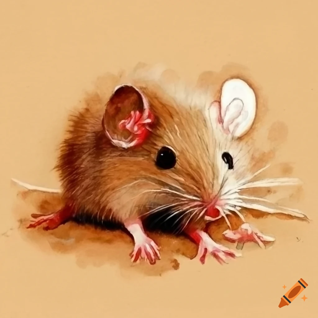 Small mouse with soft tan fur in a watercolor painting