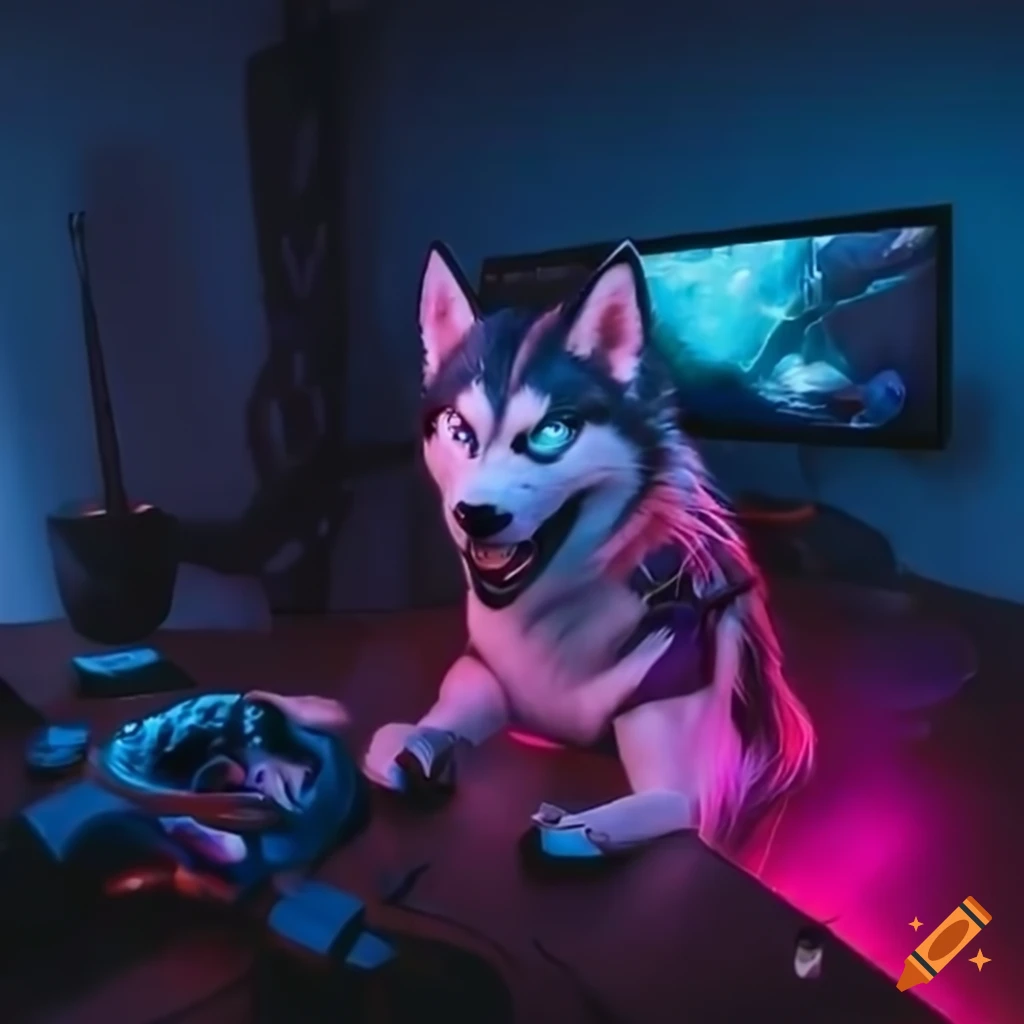 Husky character playing League of Legends in a college dorm