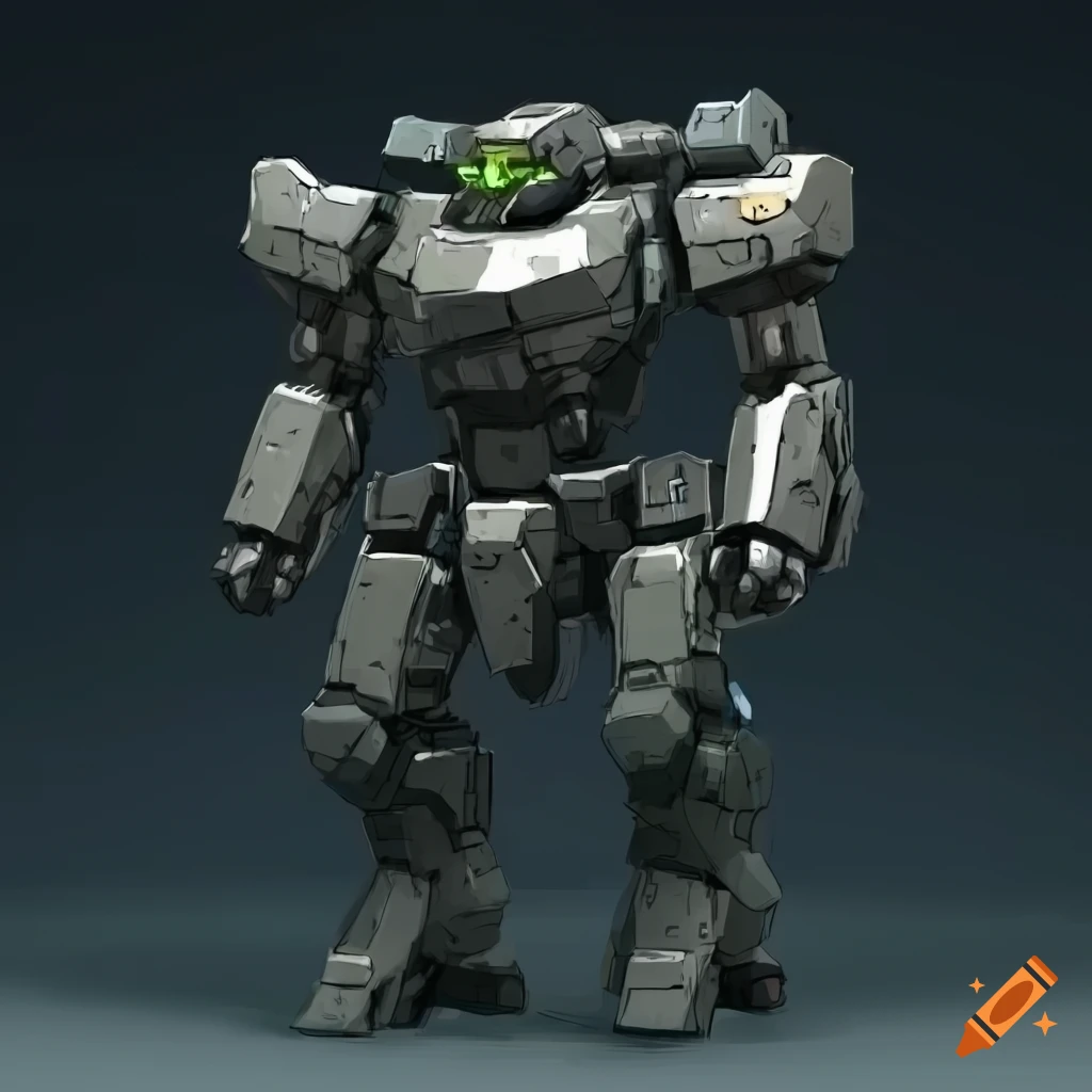 Military mecha with gunmetal color scheme and bulky armor in anime ...
