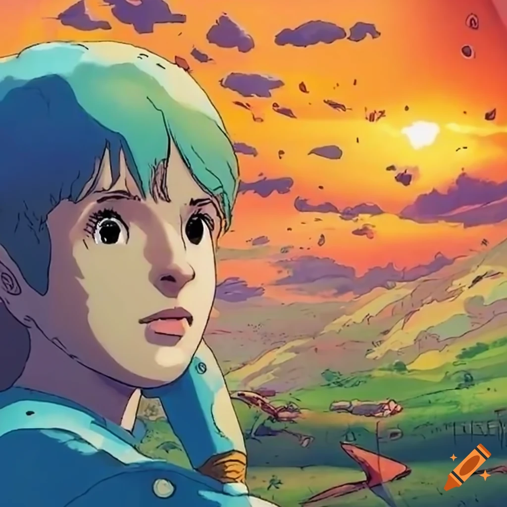 Nausicaa flying in a wind valley in 80s style