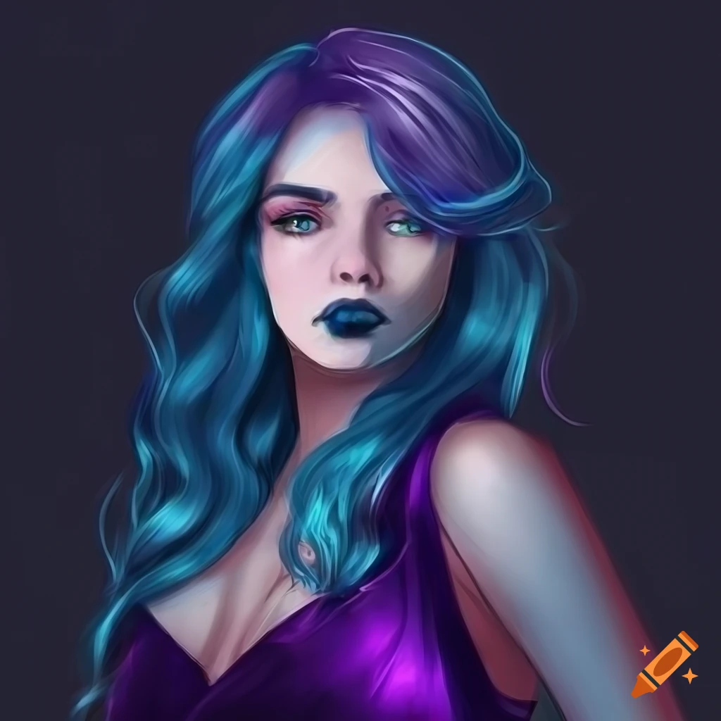 Woman with long wavy blue hair and realistic eyes in a dark purple dress