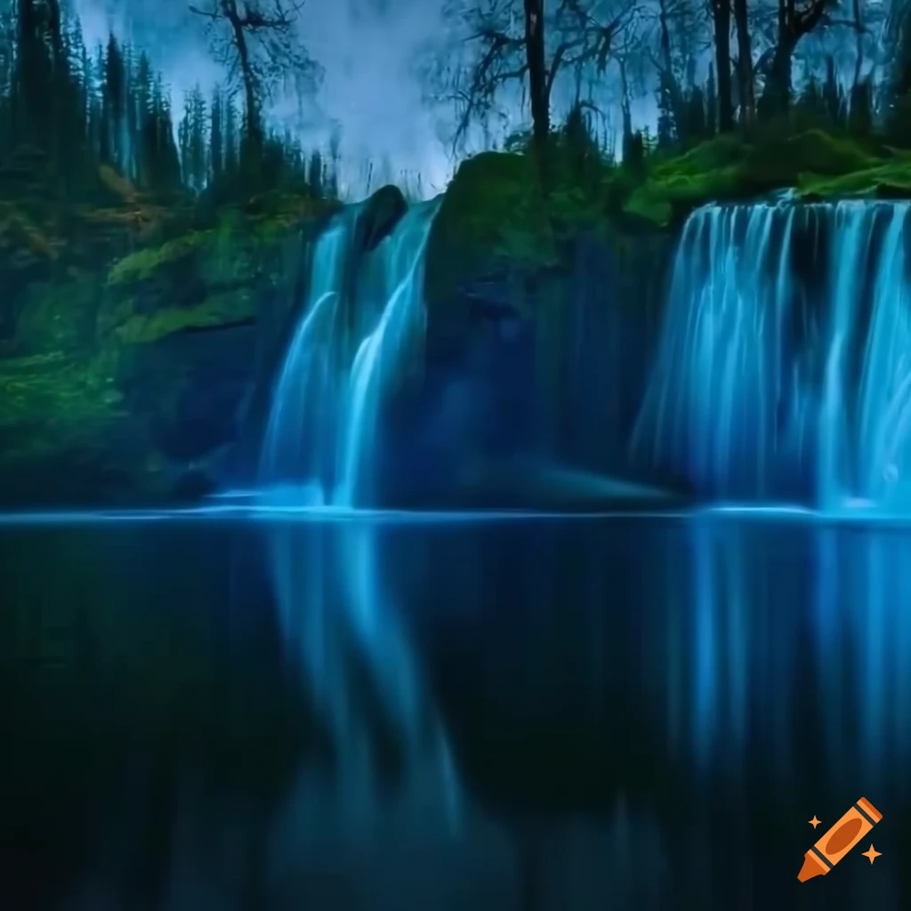Glowing dark blue waterfalls surrounded by greenery near glistening lake in  4k resolution on Craiyon, image size:1024x1024