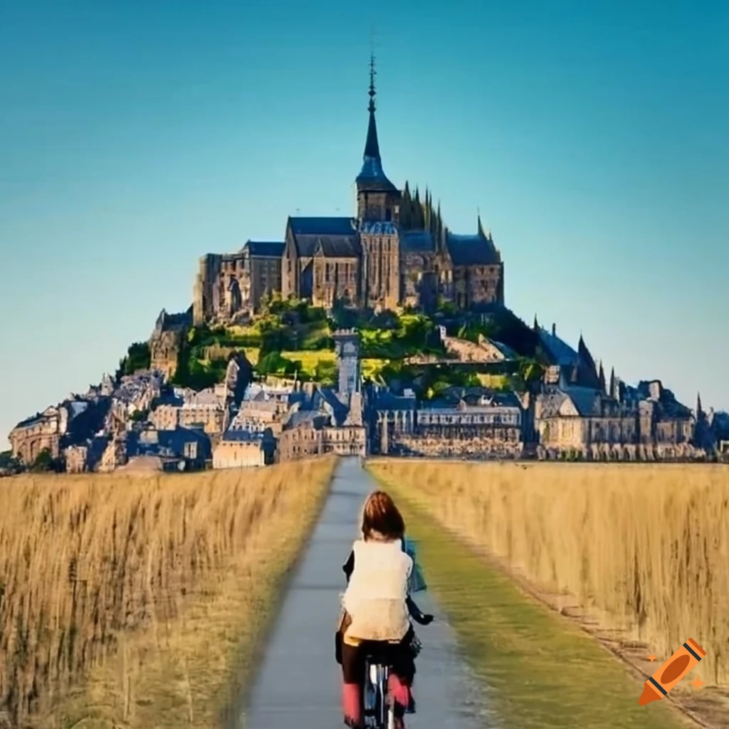 Group of friends biking to Mont St. Michel under blue sky