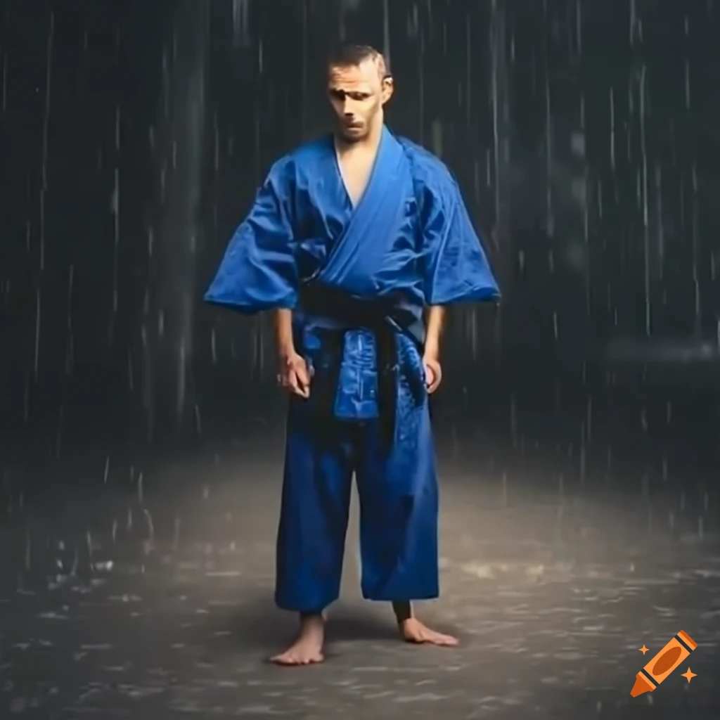 Dedicated martial artist standing in the rain with a pained expression ...