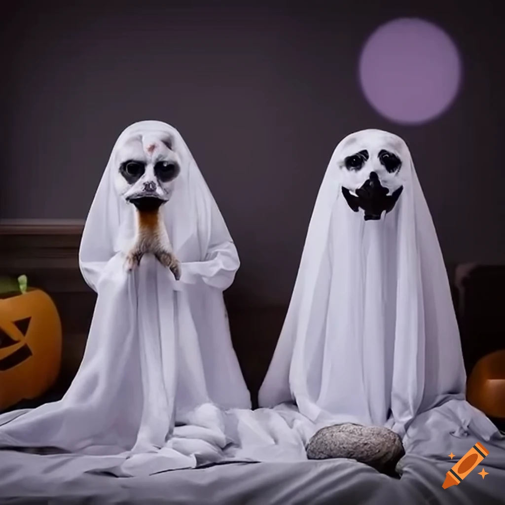 Meerkats in halloween ghost costume with eyeholes on Craiyon