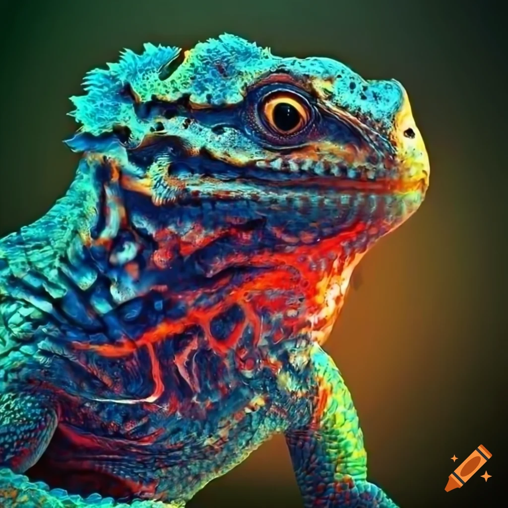 Colorful patterned reptile in molten lava in digital art