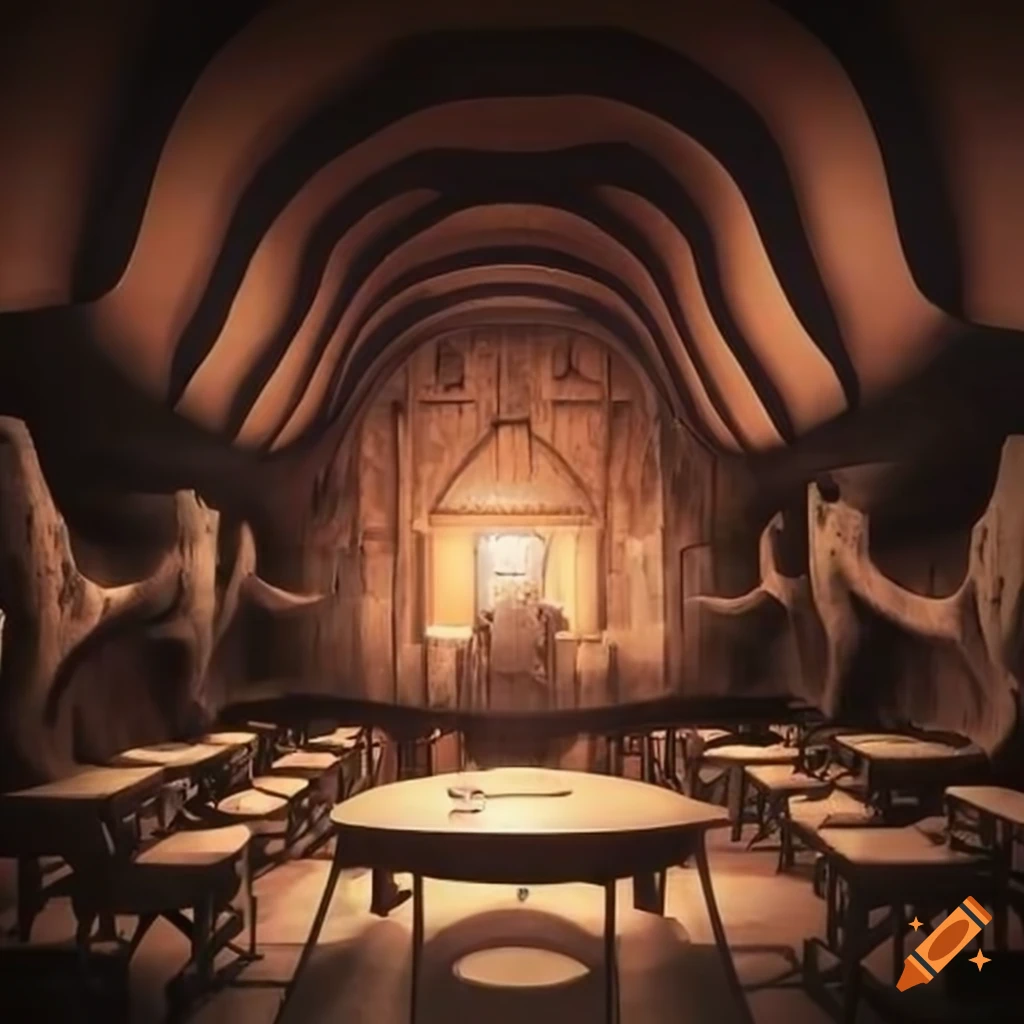 Anime cave restaurant in an archeological site with paleontology style