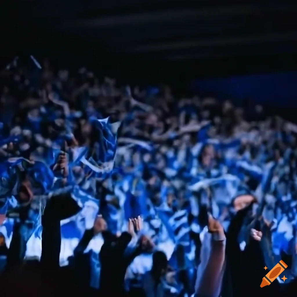 Field hockey Ultras fans of BTHC Braunschweig clapping and cheering with blue and white papers