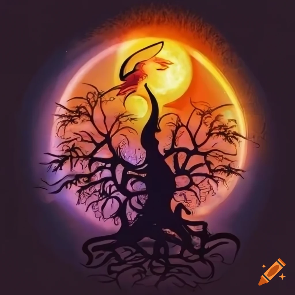 Mythical Phoenix bird ablaze with tree of life and moon silhouette