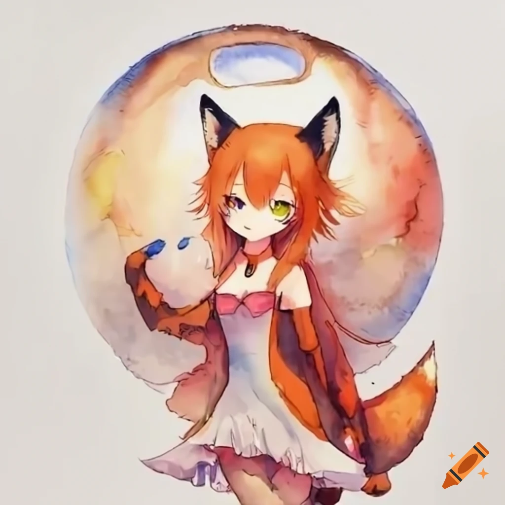 Enchanting anime fox girl inside a clear bubble