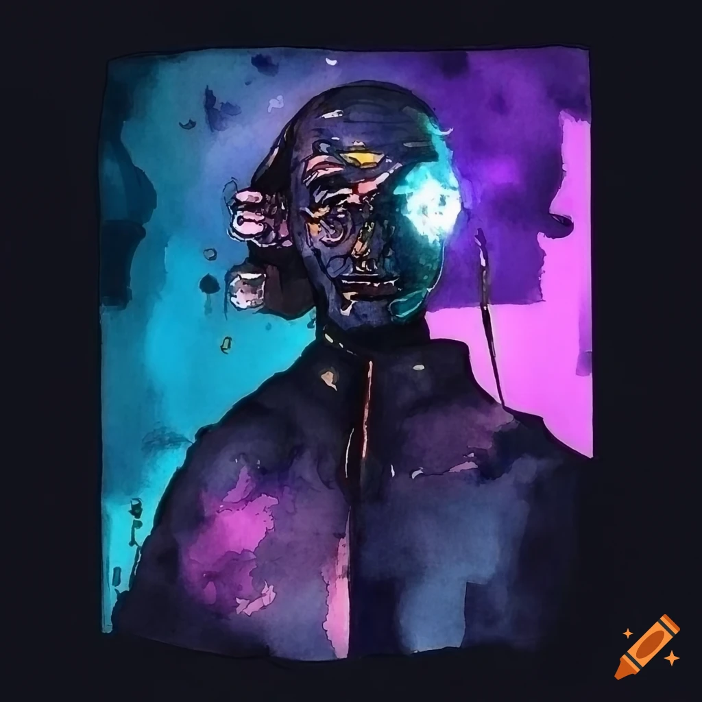 Ultra cyberpunk minimalist cartooning in blue-black watercolor by fountain pen