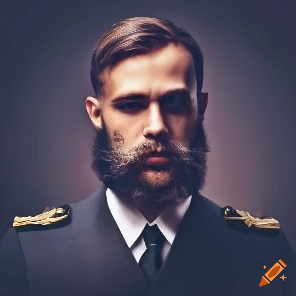 Portrait of a young man with a beard in a ceremonial navy officer's ...