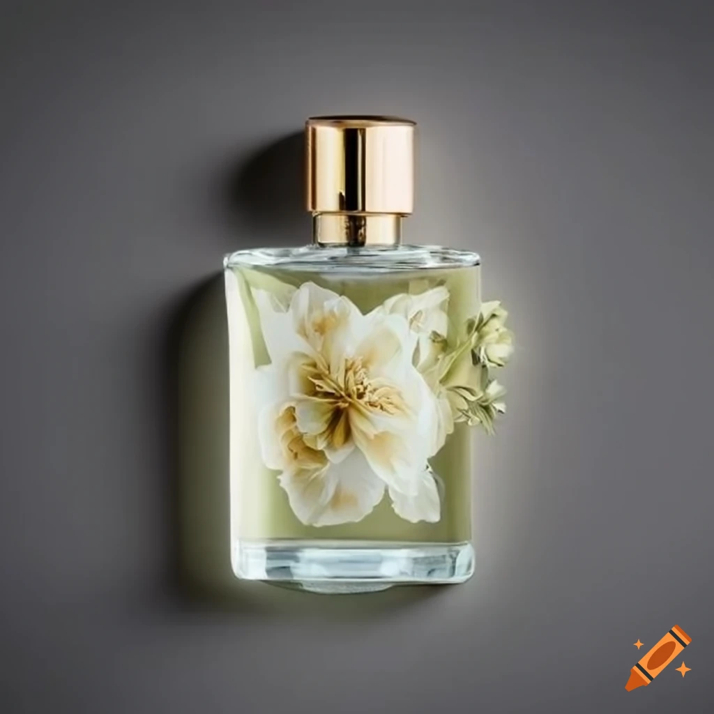 White floral pattern on airy fabric with a luxury perfume bottle