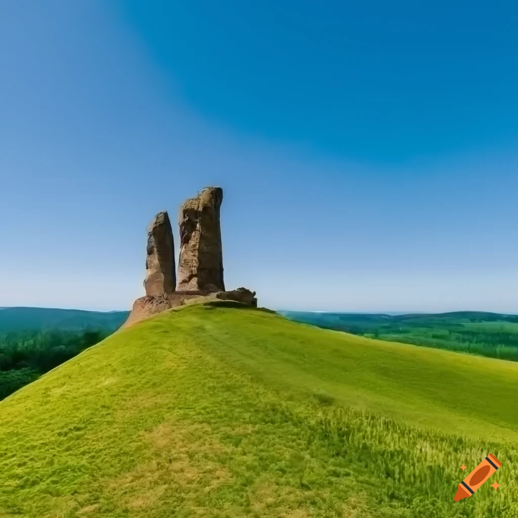 Panoramic view of rolling green hills with ancient stone monument under clear blue sky