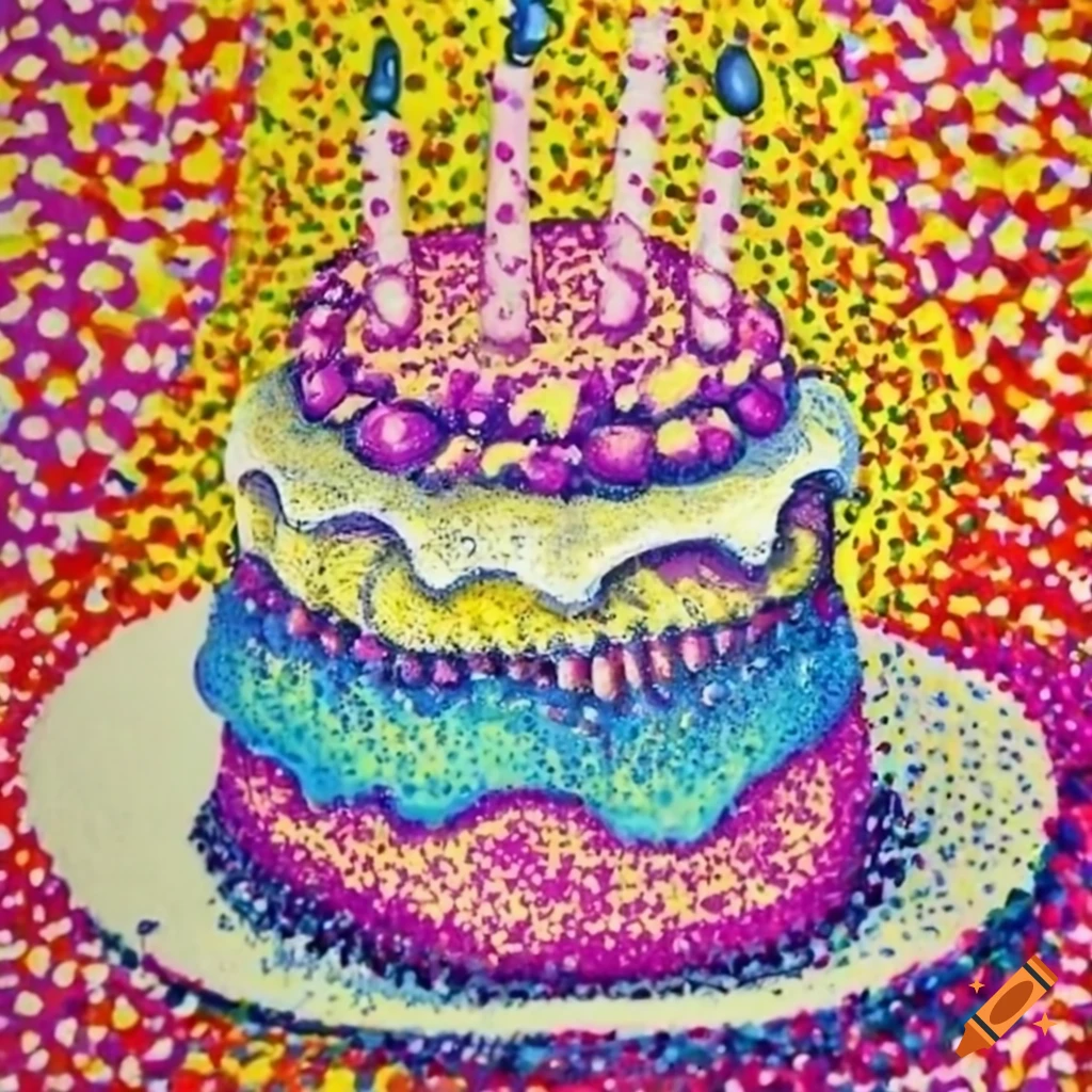Birthday cake created in Pointillism technique