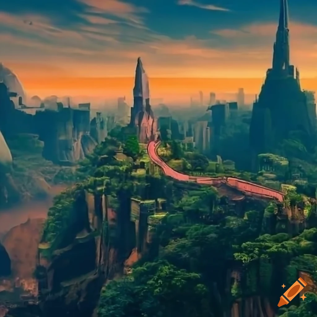 Asian fantasy city with tall towers in a jungle crater during golden hour