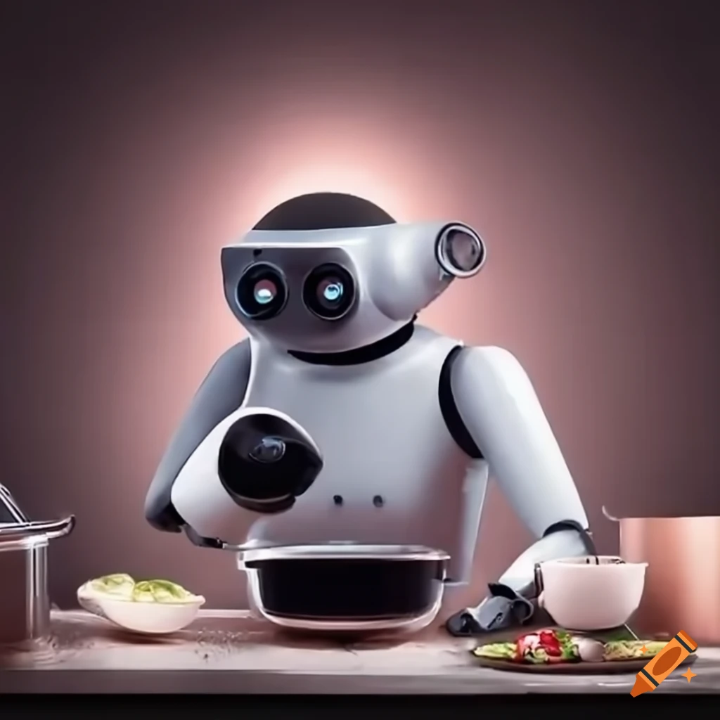 Clumsy robot chef cooking in chaos with flying pots and pans on Craiyon