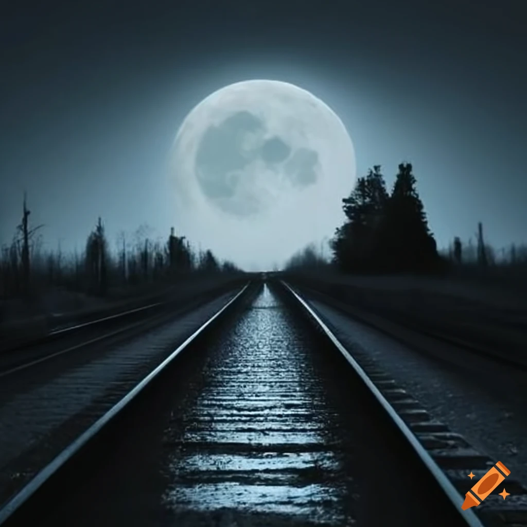 Railroad leading towards the moon on Craiyon