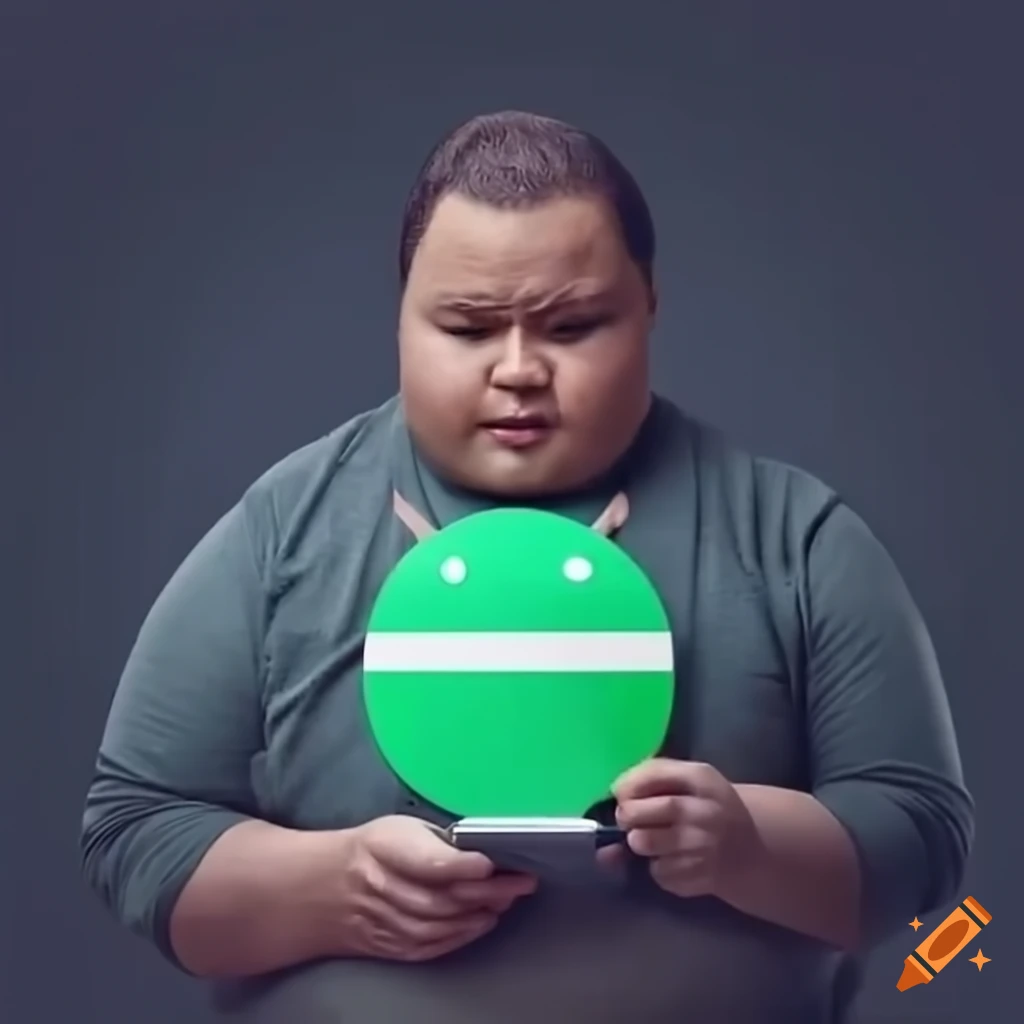 Man in clothes with Android logo holding a phone and looking at the camera