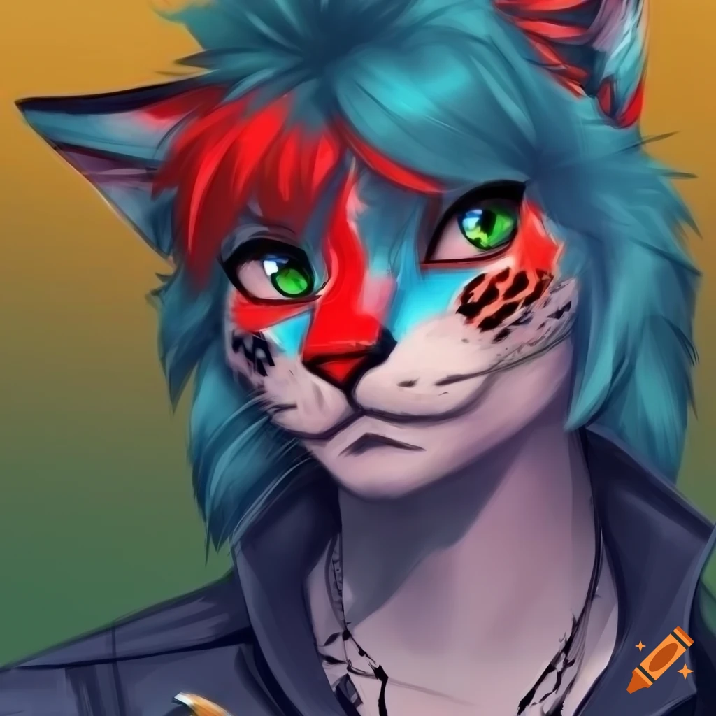 Effeminate male character with punk/goth look and blue jaguar attributes