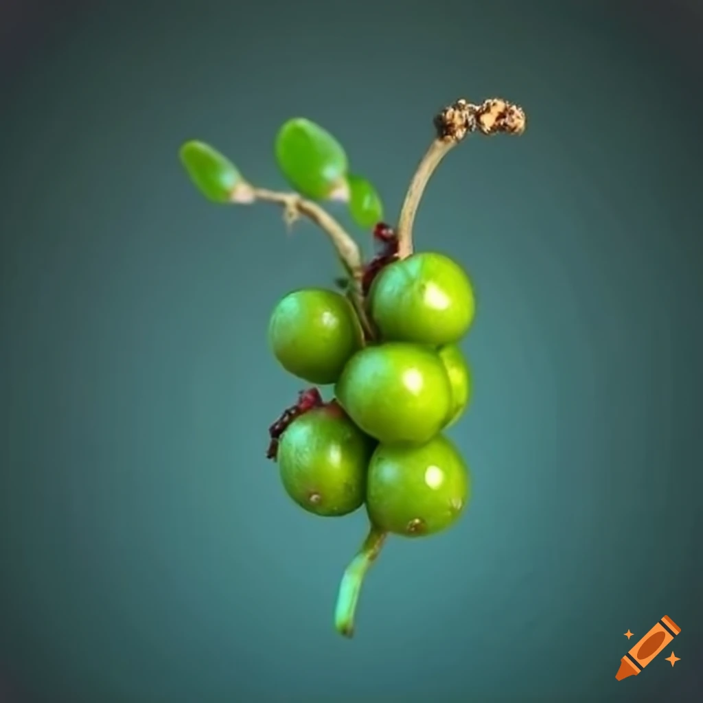 Shiny mythical toxic green berries on a wooden branch