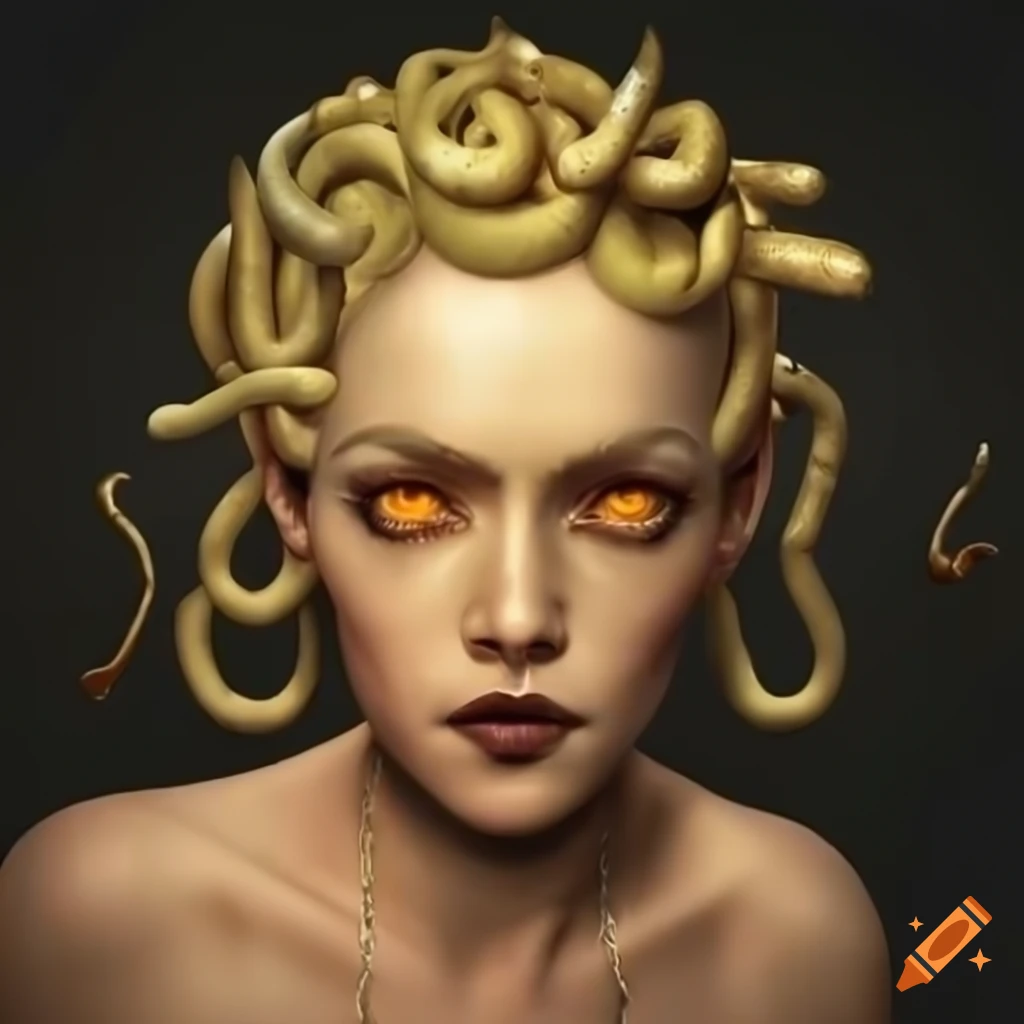 Portrait of medusa with golden snakes in her blonde hair and snake