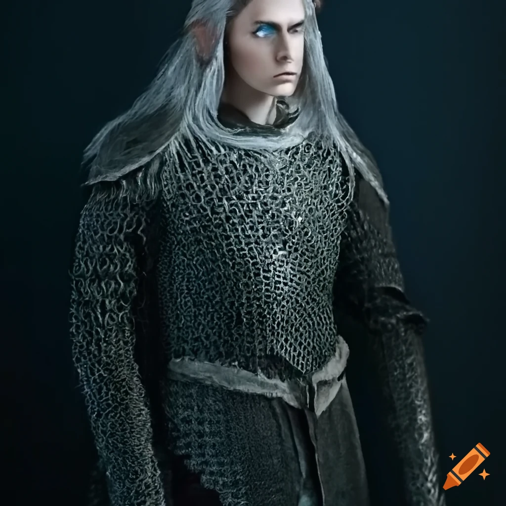 Wild male elf with blue and black eyes wearing mail armor and long silver hair in a Tolkien-inspired fantasy setting