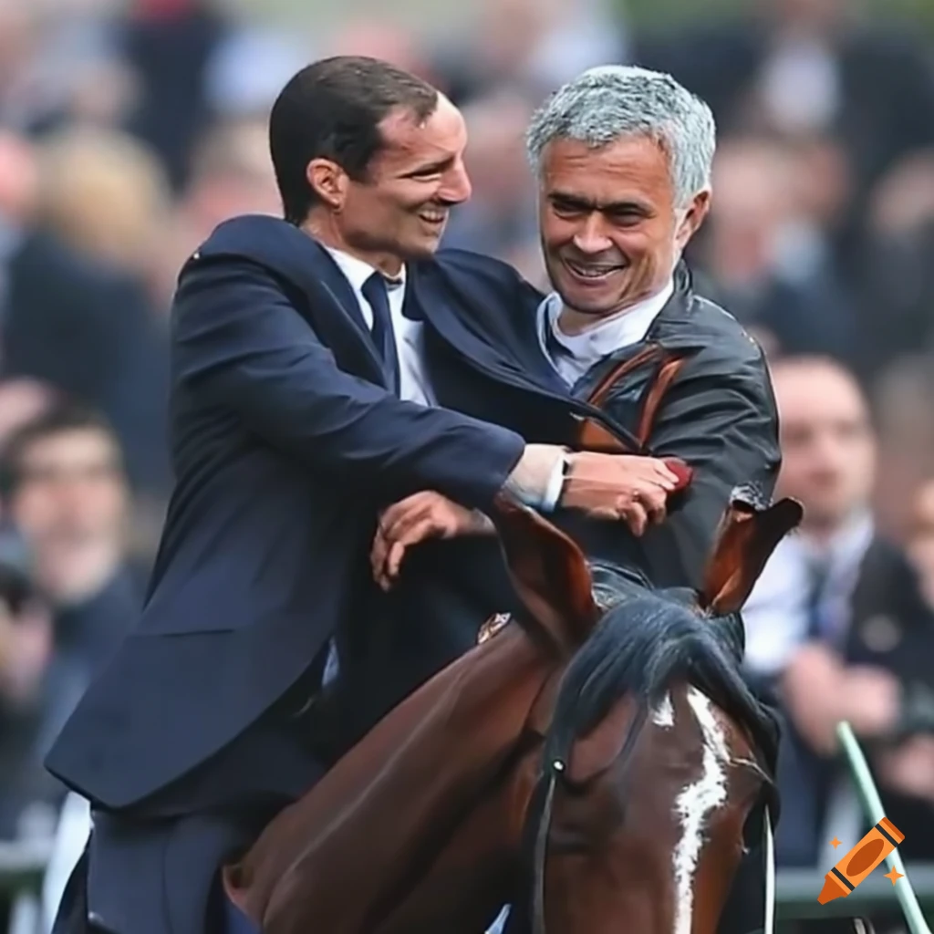 Massimiliano Allegri and José Mourinho celebrating their mare's victory at the racecourse