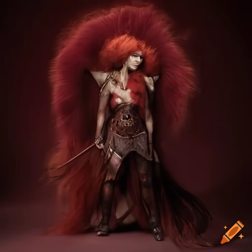 Armored magus woman with wavy red hair in full body shot on Craiyon