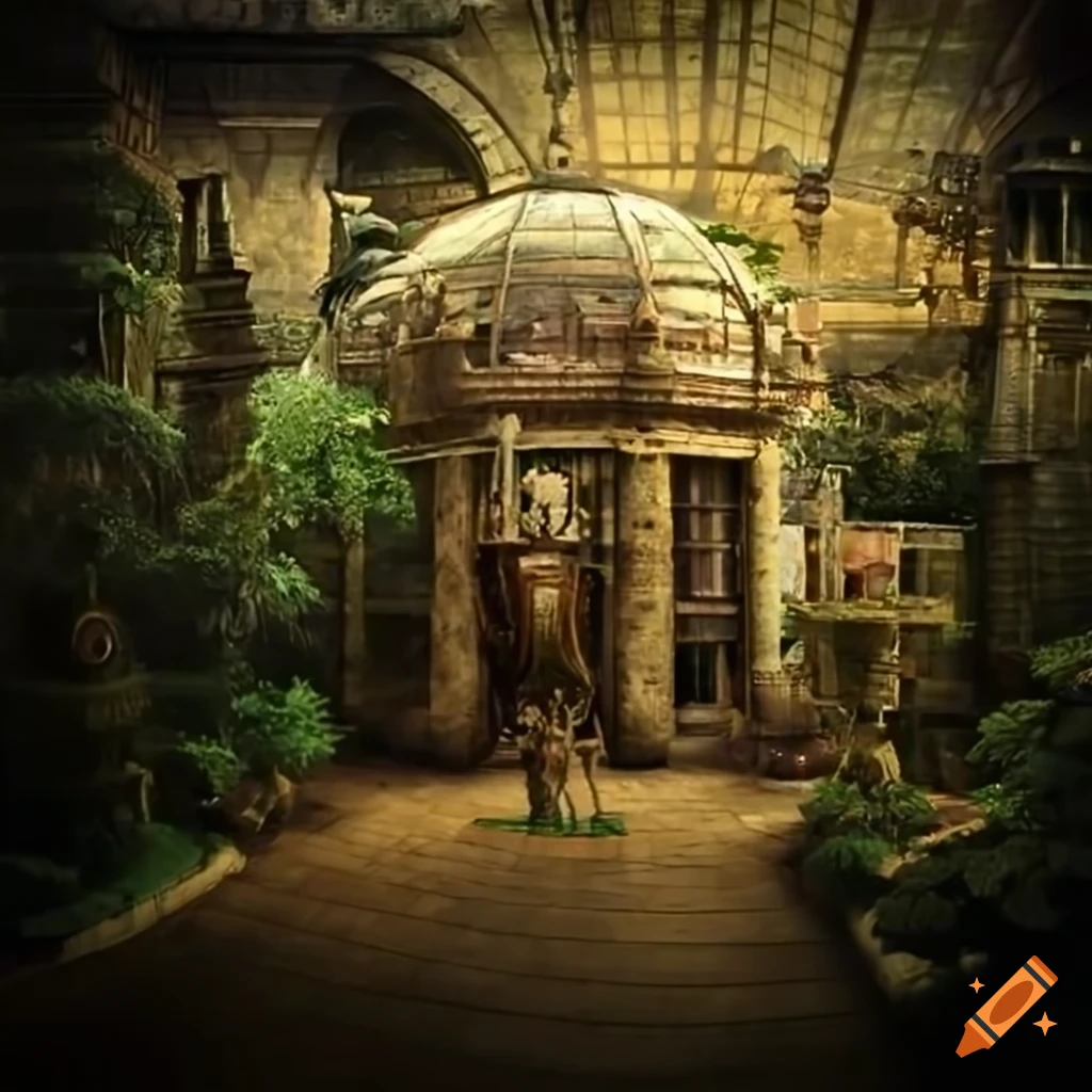 Steampunk giant greenhouse garden in a city setting