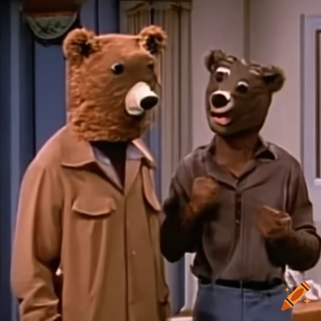 80s French sitcom with men in bear masks, VHS style
