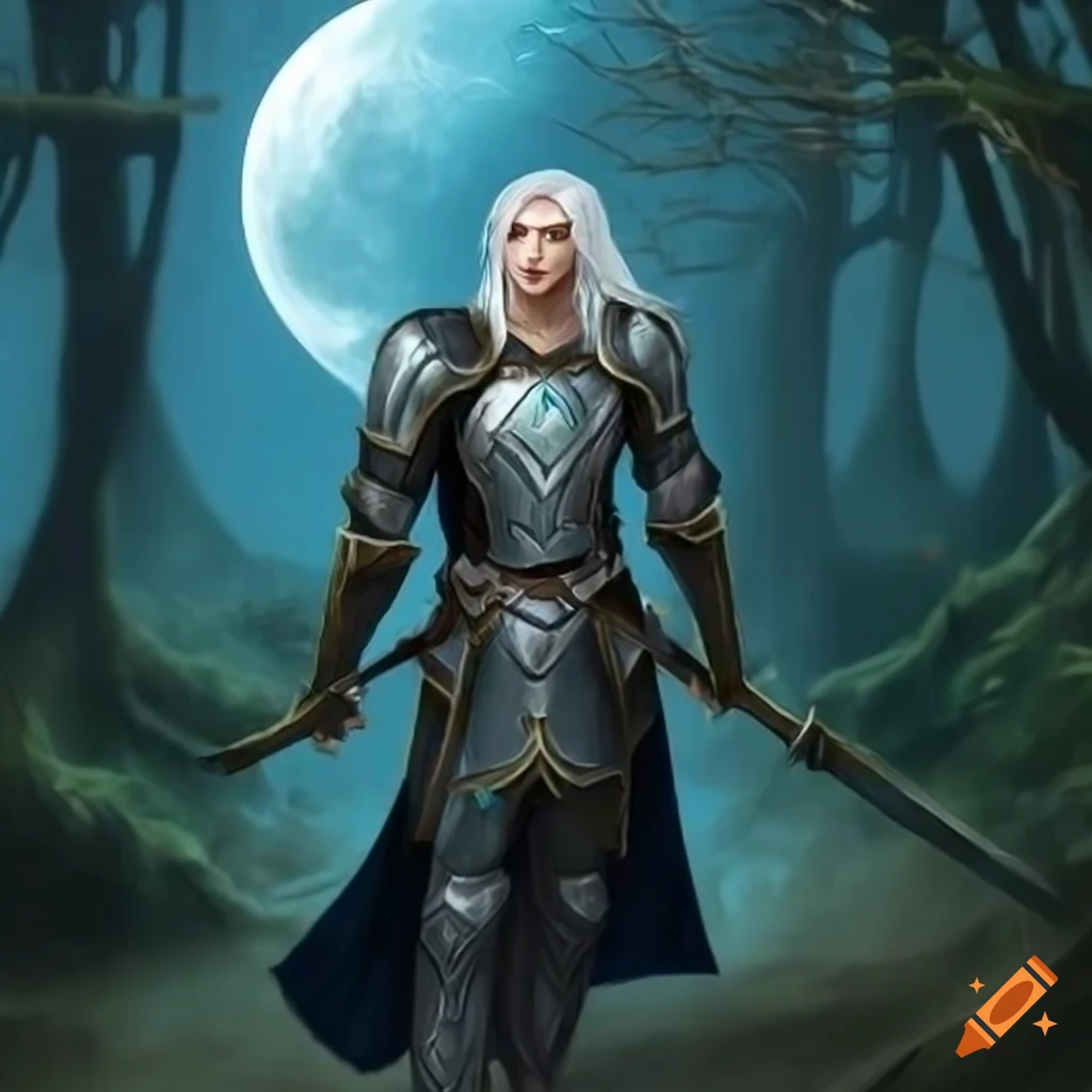 Male wild-elf paladin under a waning crescent moon in an ancient 