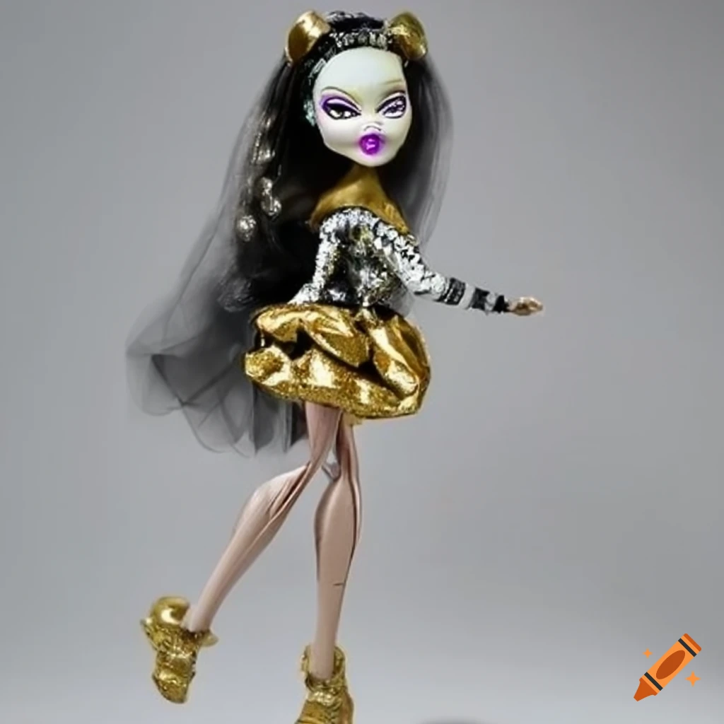Monster high doll dressed in black, gold, silver, and white heels