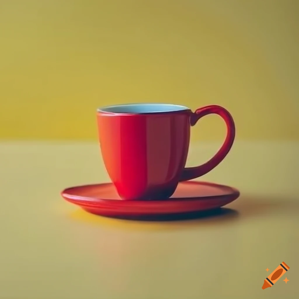 Red cup of coffee on a yellow table by the sea