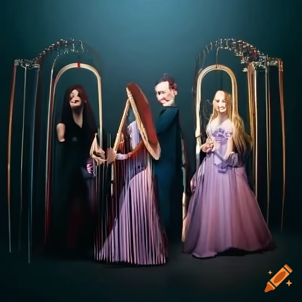 Five-member harpist band in the living room with long dresses and cables
