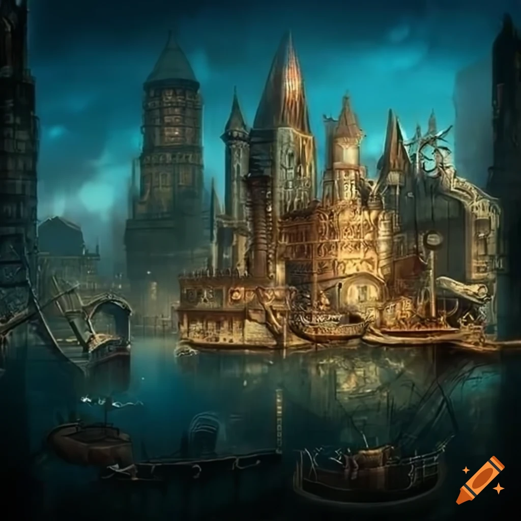 Steampunk fishing district in a city with a futuristic twist on Craiyon