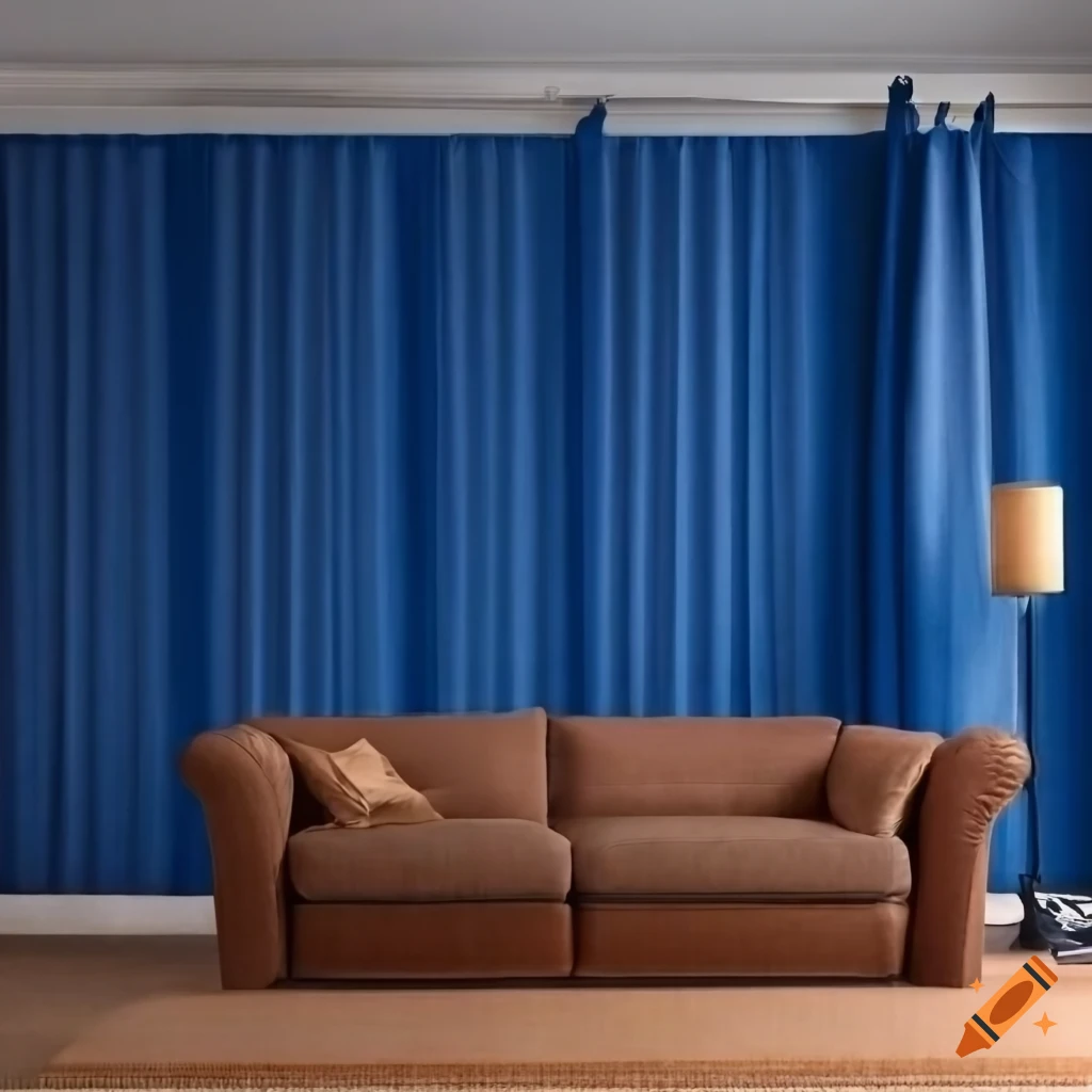Spacious living room with tv, blue and white walls, and brown couch on
