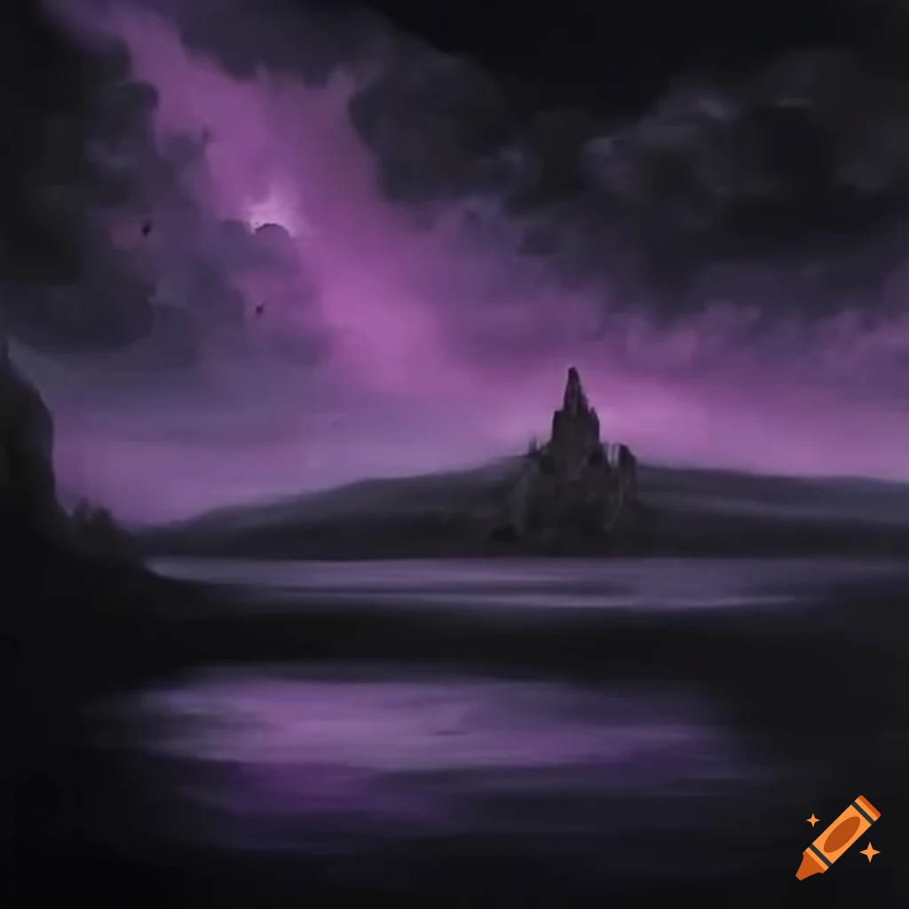 Alien world with a dark bridge over a mysterious black lake under a purple sky