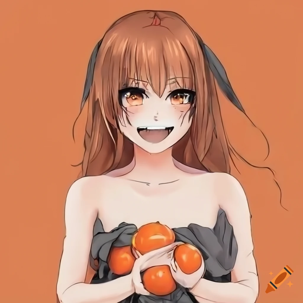 Anime girl holding a tangerine and smiling with Bitcoin T-shirt in black  and white drawing on Craiyon