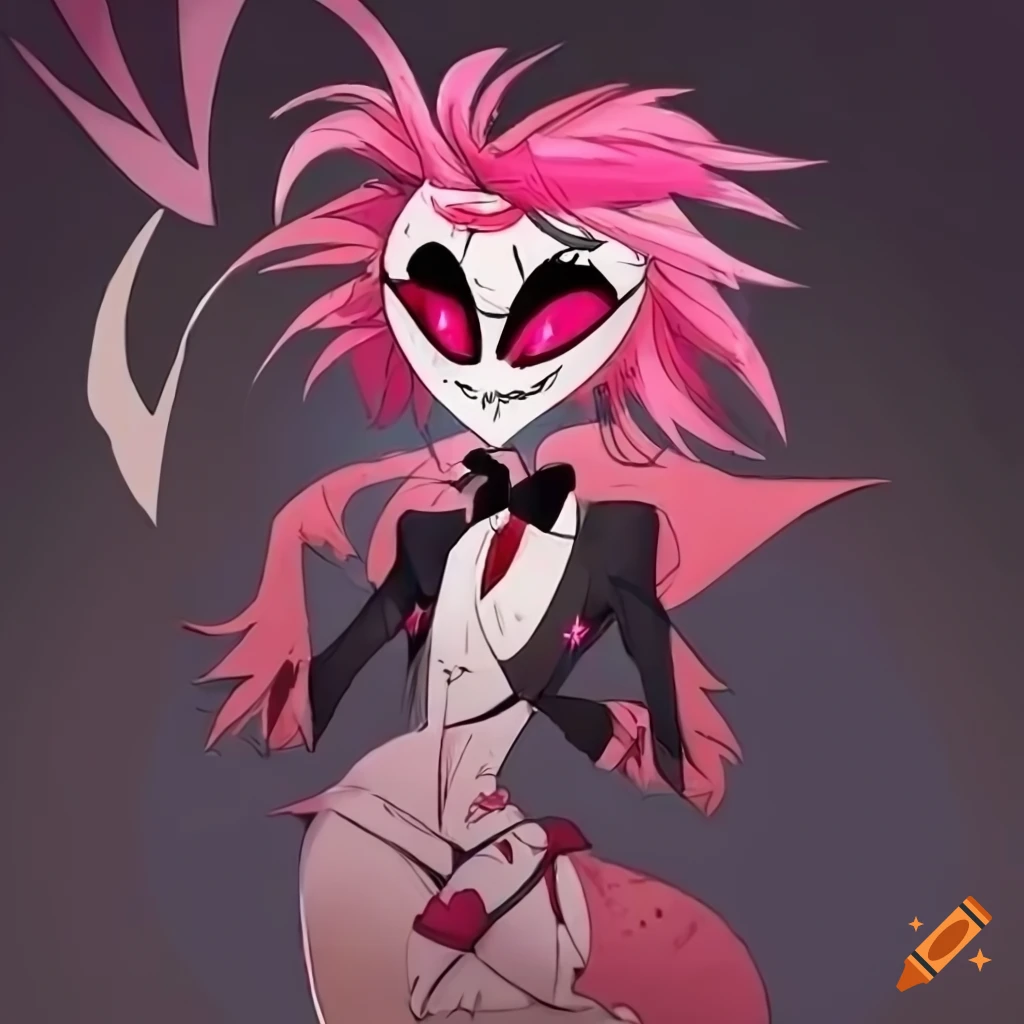 Hazbin Hotel character design of Zaine with floor-length pink hair and a flirty face