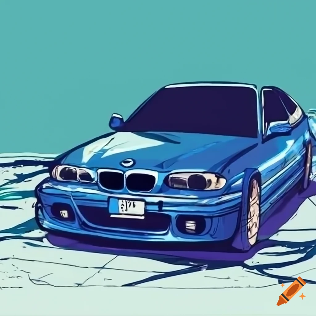 Blue BMW E46 in parking garage with Initial D style art on Craiyon
